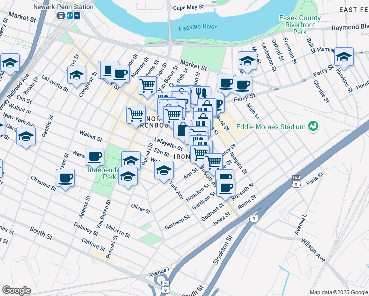 map of restaurants, bars, coffee shops, grocery stores, and more near 425 Lafayette Street in Newark