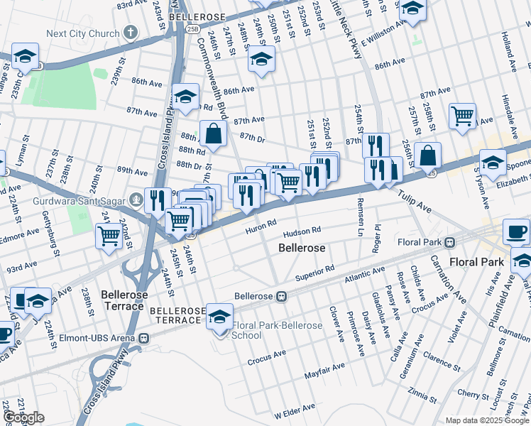 map of restaurants, bars, coffee shops, grocery stores, and more near 24815 New York 25 in Queens