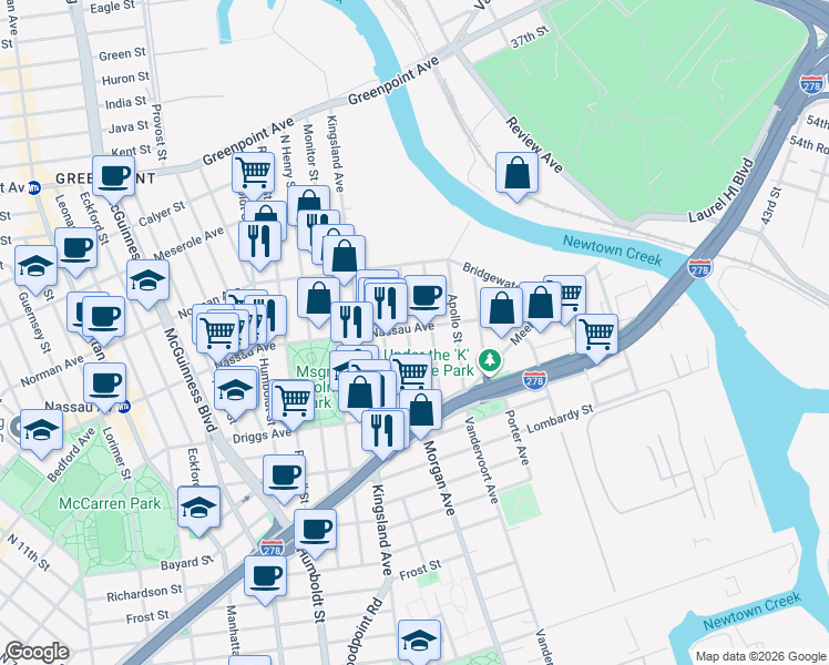 map of restaurants, bars, coffee shops, grocery stores, and more near 640 Morgan Avenue in Brooklyn
