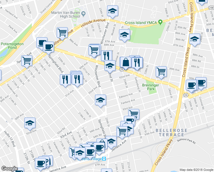 map of restaurants, bars, coffee shops, grocery stores, and more near 221-51 92nd Road in Queens