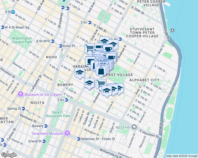 map of restaurants, bars, coffee shops, grocery stores, and more near 113 East 7th Street in New York
