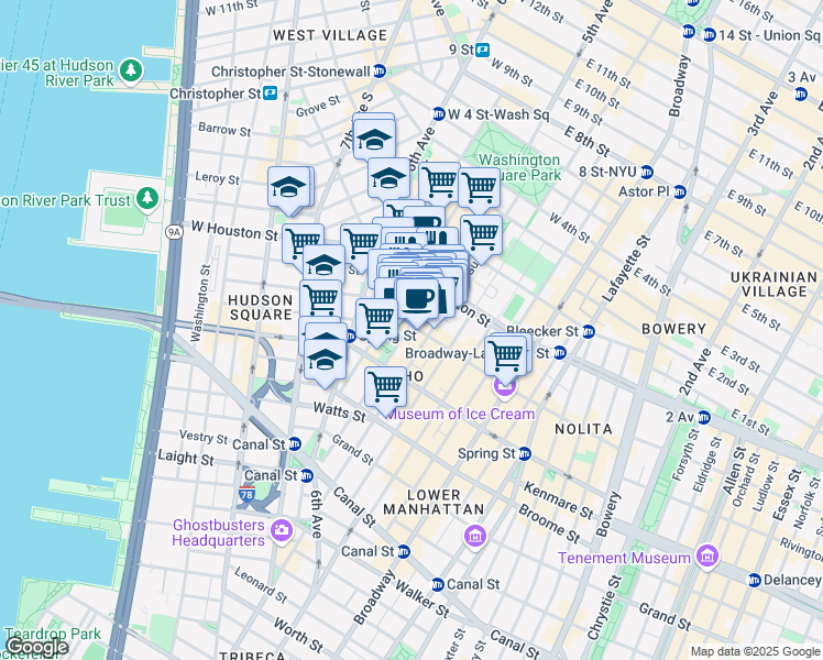 map of restaurants, bars, coffee shops, grocery stores, and more near 132 Thompson Street in New York