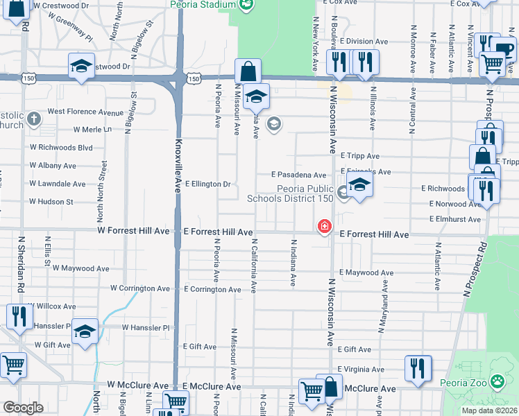 map of restaurants, bars, coffee shops, grocery stores, and more near 3204 North California Avenue in Peoria