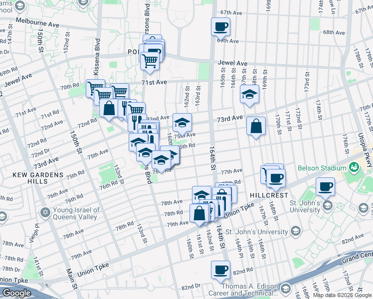 map of restaurants, bars, coffee shops, grocery stores, and more near 75-20 162th Street in Queens