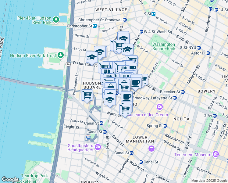 map of restaurants, bars, coffee shops, grocery stores, and more near 161 6th Avenue in New York