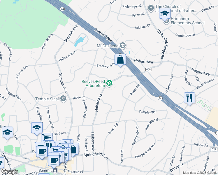 map of restaurants, bars, coffee shops, grocery stores, and more near 165 Hobart Avenue in Summit