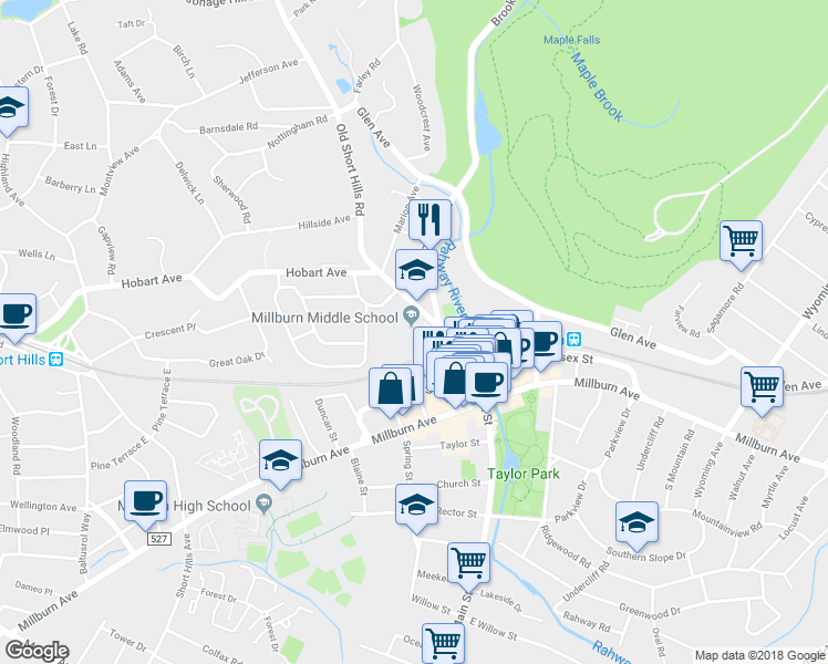 map of restaurants, bars, coffee shops, grocery stores, and more near 25 Old Short Hills Road in Essex County