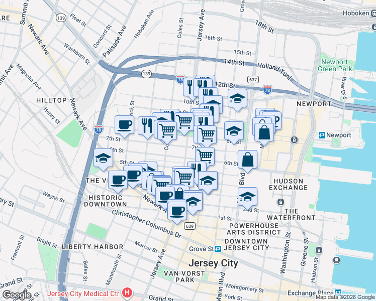 map of restaurants, bars, coffee shops, grocery stores, and more near 249 8th Street in Jersey City