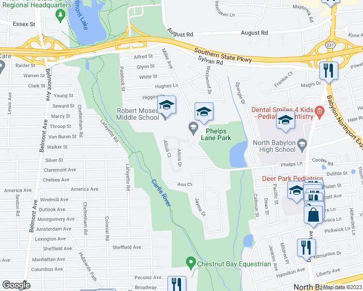 map of restaurants, bars, coffee shops, grocery stores, and more near 105 Alicia Drive in North Babylon