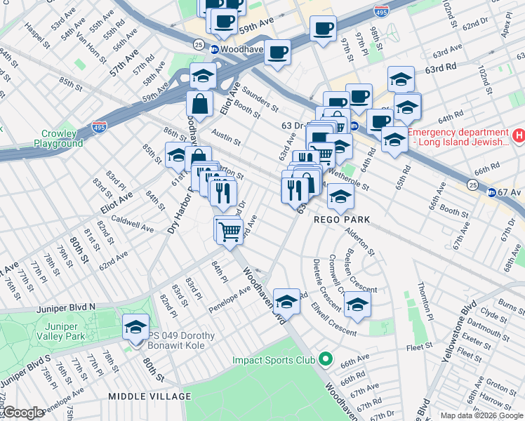 map of restaurants, bars, coffee shops, grocery stores, and more near 90-01 63rd Avenue in Queens