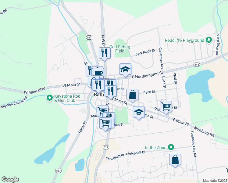 map of restaurants, bars, coffee shops, grocery stores, and more near 121 Center Street in Bath