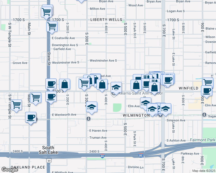 map of restaurants, bars, coffee shops, grocery stores, and more near 2027 South 400 East in Salt Lake City
