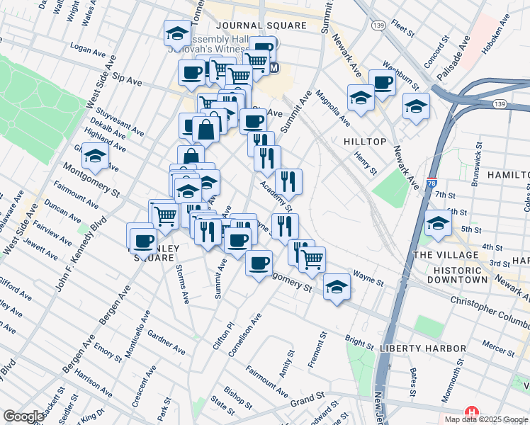 map of restaurants, bars, coffee shops, grocery stores, and more near 121 Baldwin Avenue in Jersey City