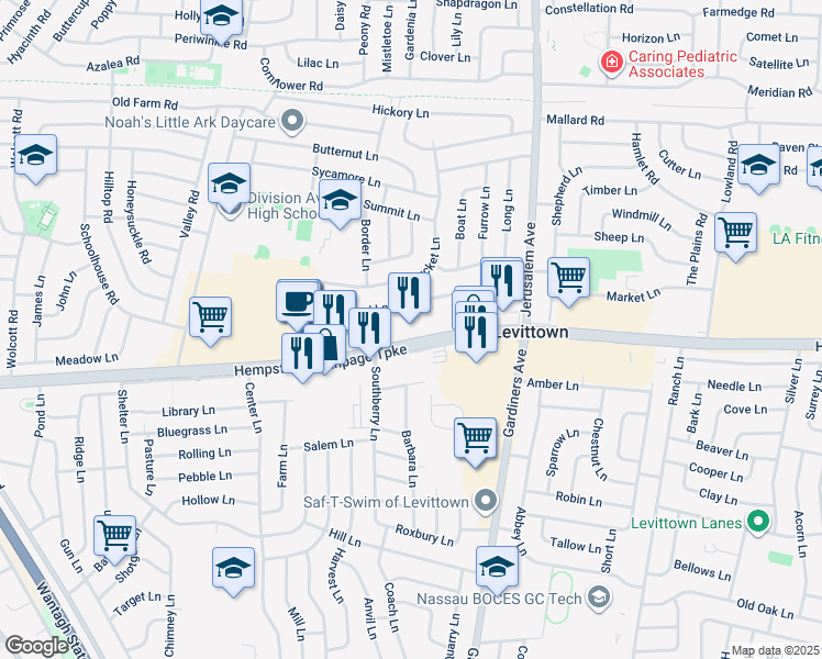 map of restaurants, bars, coffee shops, grocery stores, and more near 42 Squirrel Lane in Levittown