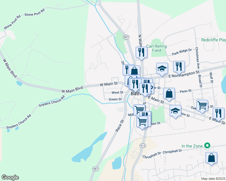 map of restaurants, bars, coffee shops, grocery stores, and more near 346 West Main Street in Bath