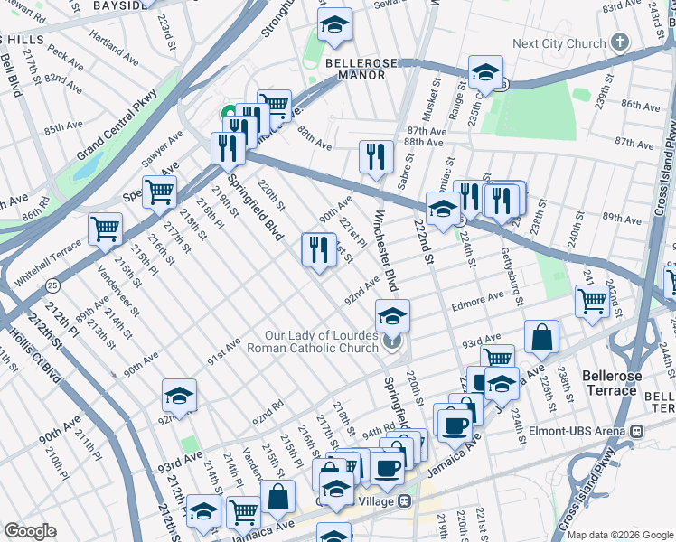map of restaurants, bars, coffee shops, grocery stores, and more near 221-01 91st Road in Queens