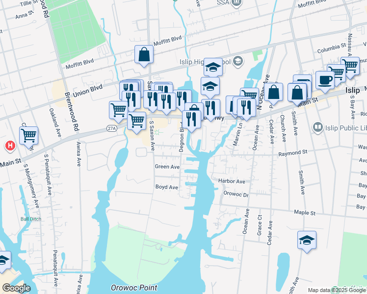 map of restaurants, bars, coffee shops, grocery stores, and more near 1923 Degnon Boulevard in Bay Shore
