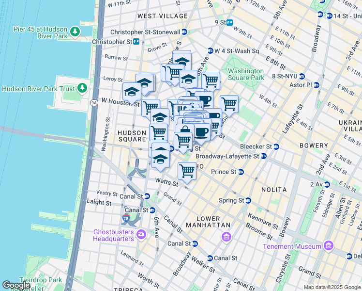 map of restaurants, bars, coffee shops, grocery stores, and more near 112 Sullivan Street in New York