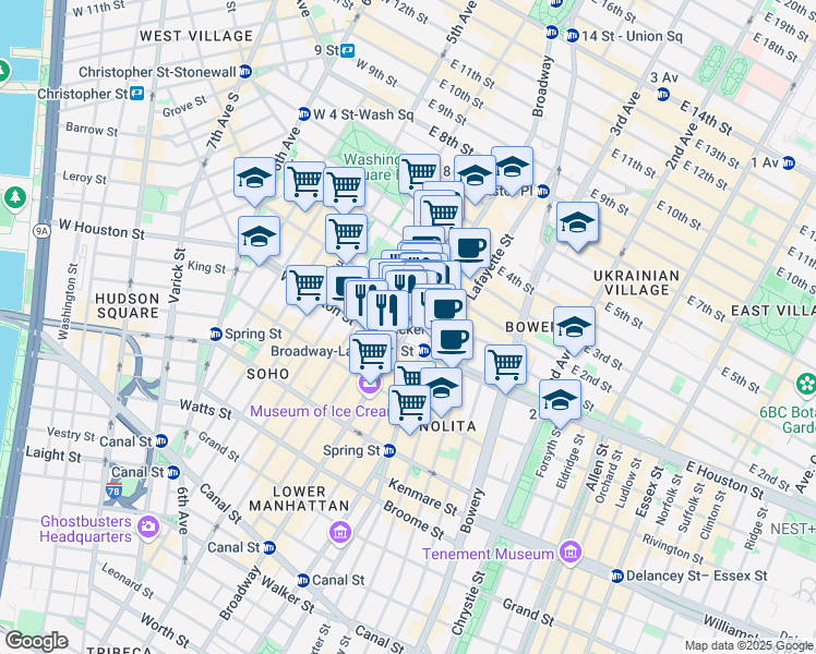 map of restaurants, bars, coffee shops, grocery stores, and more near 625 Broadway in New York