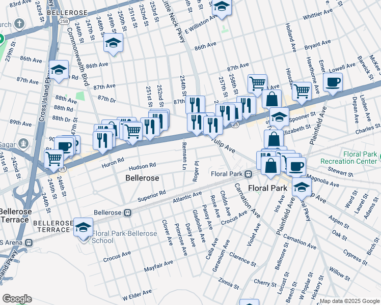 map of restaurants, bars, coffee shops, grocery stores, and more near 57 Florence Street in Floral Park