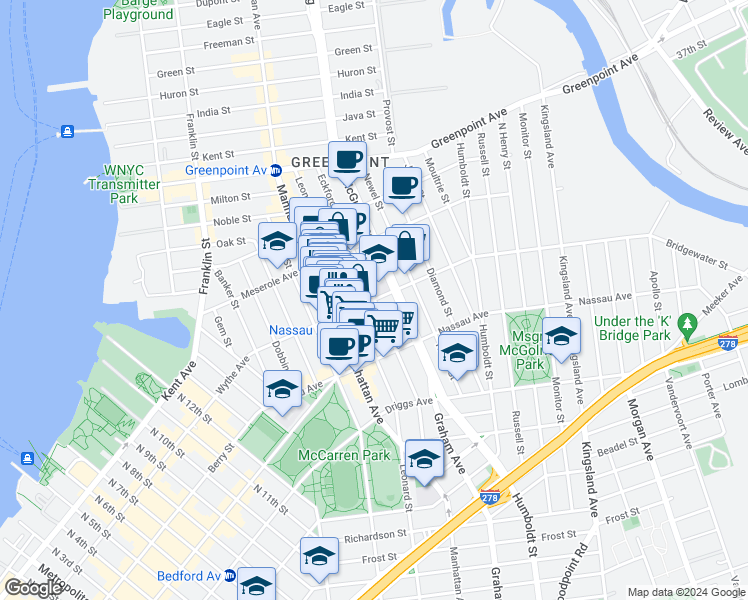 map of restaurants, bars, coffee shops, grocery stores, and more near Eckford St & Norman Ave in Brooklyn