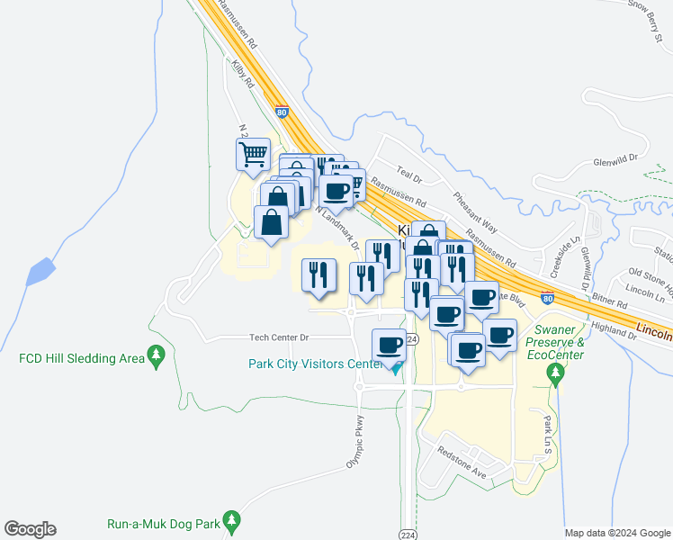 map of restaurants, bars, coffee shops, grocery stores, and more near 6545 N Landmark Dr in Park City