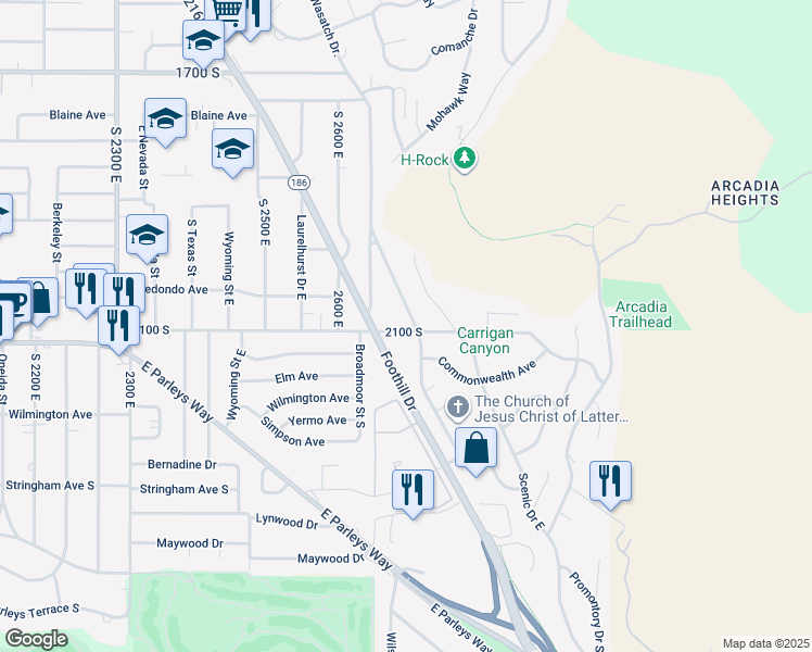 map of restaurants, bars, coffee shops, grocery stores, and more near 2015 Wasatch Drive East in Salt Lake City