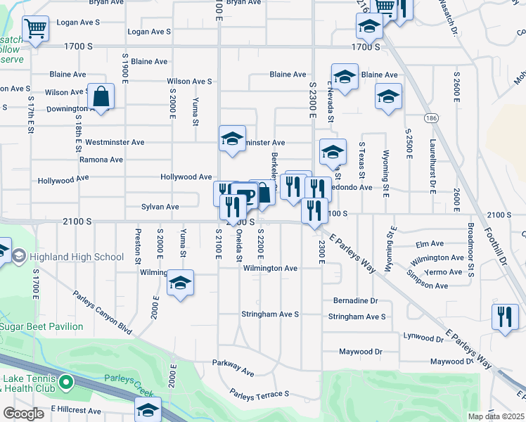 map of restaurants, bars, coffee shops, grocery stores, and more near 2007 South 2200 East in Salt Lake City