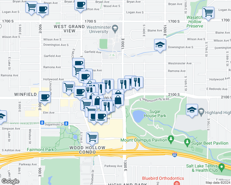 map of restaurants, bars, coffee shops, grocery stores, and more near 2007 Douglas Street in Salt Lake City