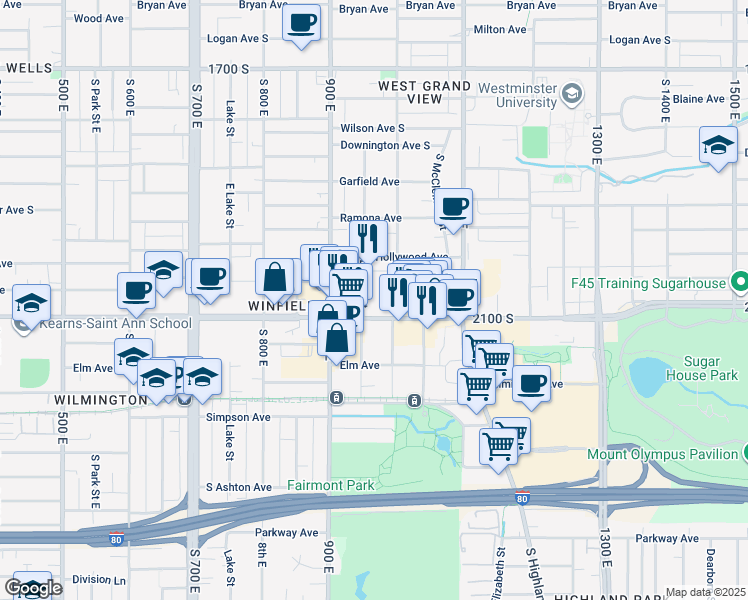 map of restaurants, bars, coffee shops, grocery stores, and more near 1997 Lincoln Street in Salt Lake City