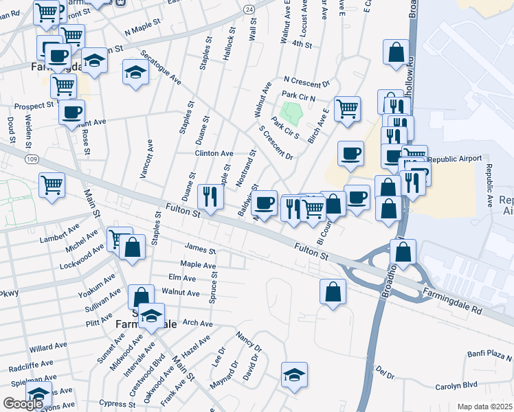 map of restaurants, bars, coffee shops, grocery stores, and more near 19 Sexton Place in Farmingdale