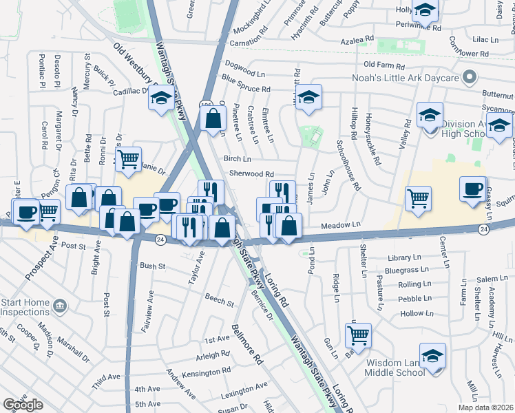map of restaurants, bars, coffee shops, grocery stores, and more near 80 North Bellmore Road in Levittown