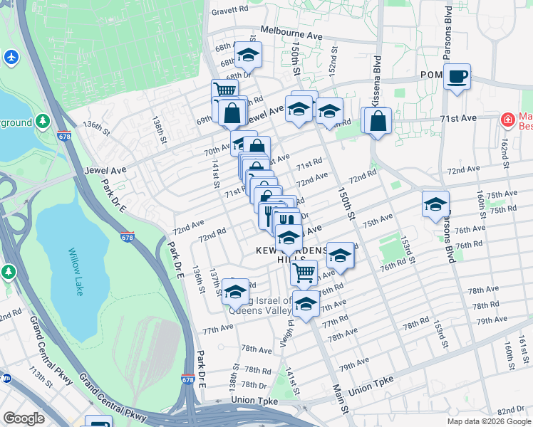 map of restaurants, bars, coffee shops, grocery stores, and more near 72-11 Vleigh Place in Queens