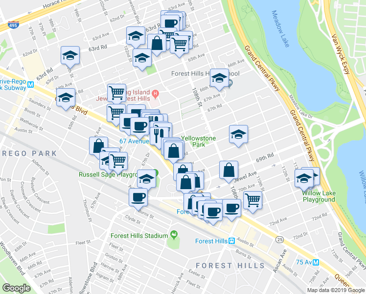 map of restaurants, bars, coffee shops, grocery stores, and more near 102-40 67th Drive in Queens