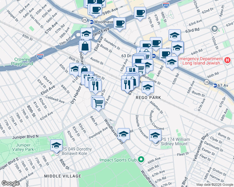 map of restaurants, bars, coffee shops, grocery stores, and more near 90-01 63rd Avenue in Queens