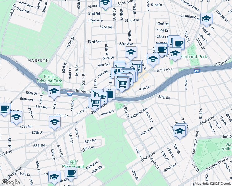map of restaurants, bars, coffee shops, grocery stores, and more near in Queens