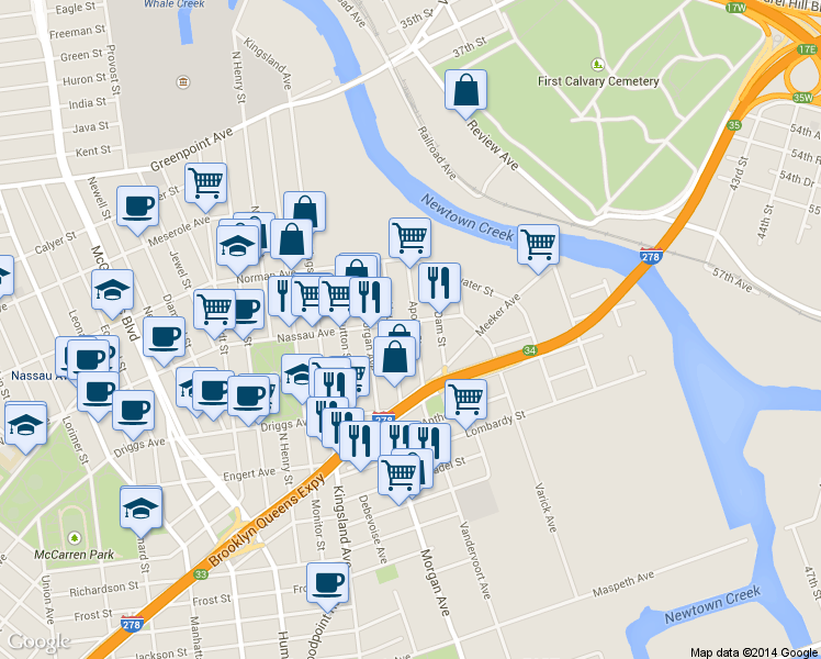map of restaurants, bars, coffee shops, grocery stores, and more near 321 Nassau Avenue in Brooklyn