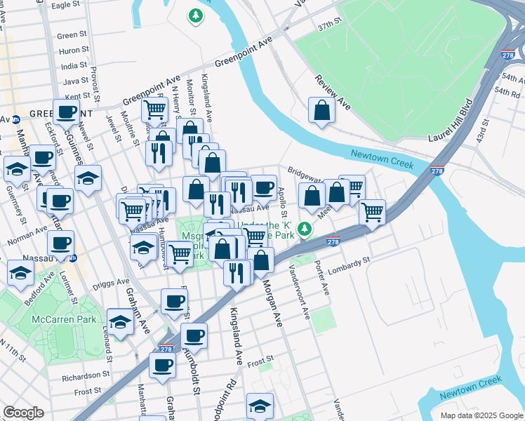 map of restaurants, bars, coffee shops, grocery stores, and more near 640 Morgan Avenue in Brooklyn