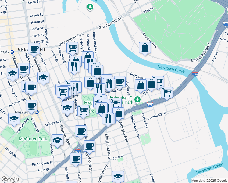 map of restaurants, bars, coffee shops, grocery stores, and more near 640 Morgan Avenue in Brooklyn