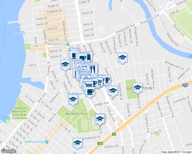 map of restaurants, bars, coffee shops, grocery stores, and more near 208 Eckford Street in Brooklyn