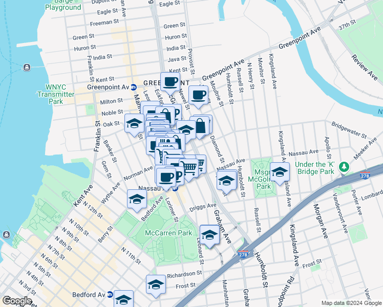 map of restaurants, bars, coffee shops, grocery stores, and more near 208 Eckford Street in Brooklyn