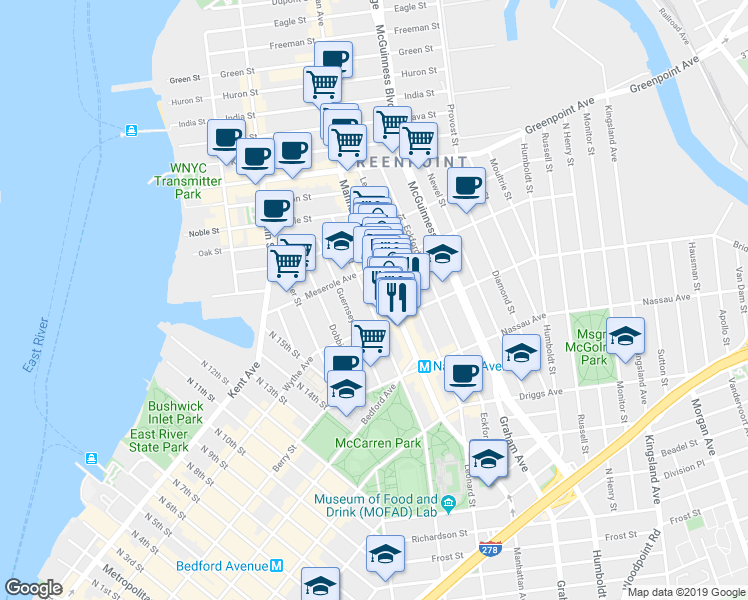 map of restaurants, bars, coffee shops, grocery stores, and more near 1032 Lorimer Street in Brooklyn