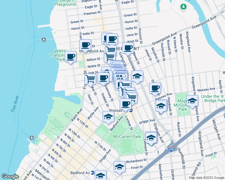 map of restaurants, bars, coffee shops, grocery stores, and more near 1032 Lorimer Street in Brooklyn