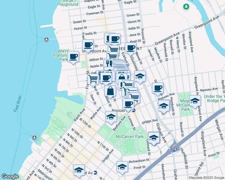 map of restaurants, bars, coffee shops, grocery stores, and more near 73 Meserole Avenue in Brooklyn