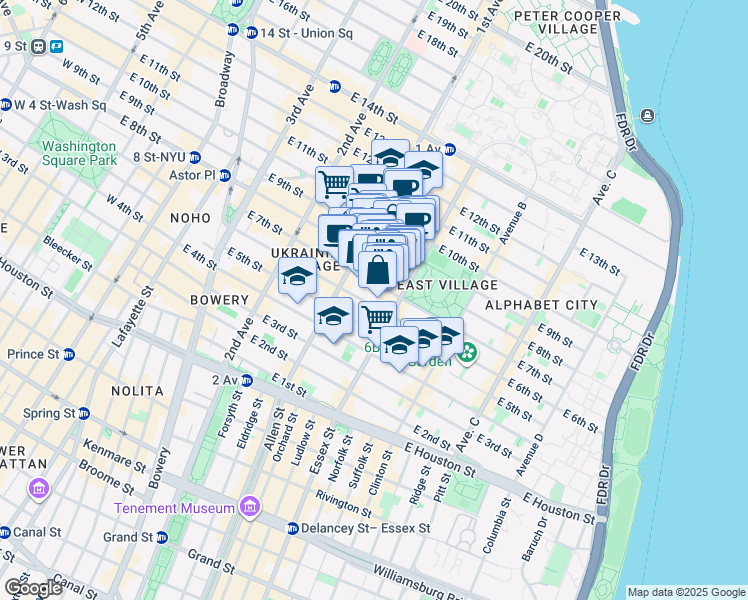 map of restaurants, bars, coffee shops, grocery stores, and more near 113 East 7th Street in New York