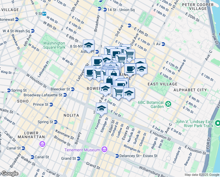 map of restaurants, bars, coffee shops, grocery stores, and more near 82 2nd Avenue in New York