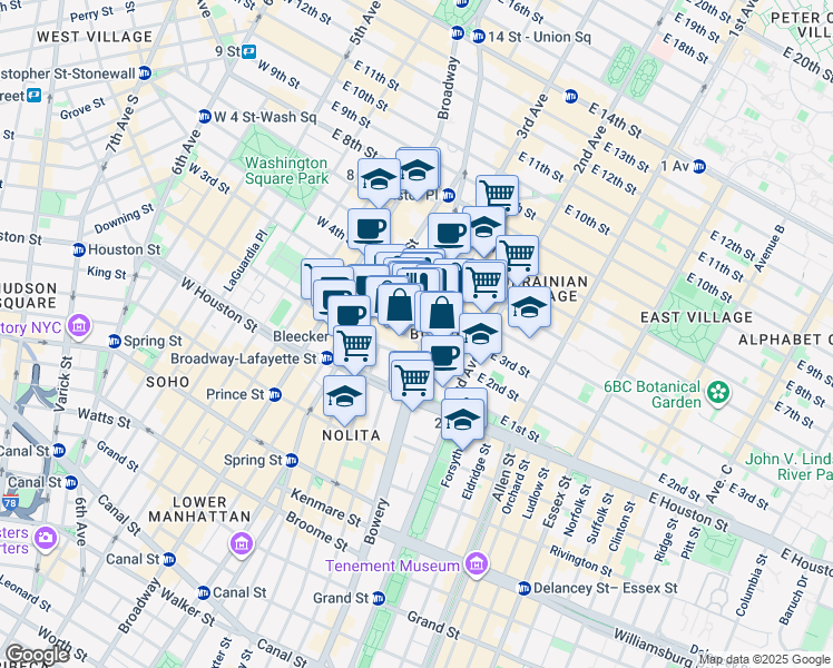 map of restaurants, bars, coffee shops, grocery stores, and more near 348 Bowery in New York