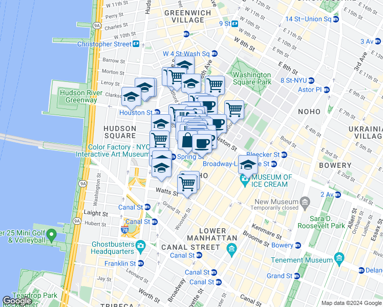 map of restaurants, bars, coffee shops, grocery stores, and more near 144 Sullivan Street in New York