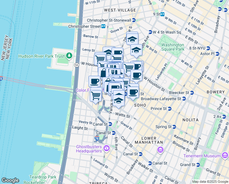 map of restaurants, bars, coffee shops, grocery stores, and more near 233 Spring Street in New York