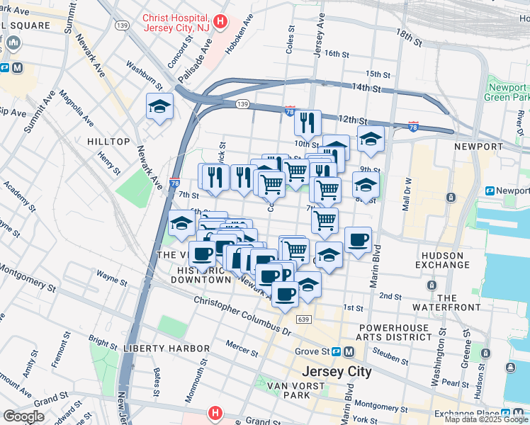 map of restaurants, bars, coffee shops, grocery stores, and more near 299 7th Street in Jersey City